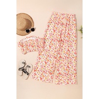 Pink Boho Floral Bandeau Top and High Waist Wide Leg Pants Set - S thumbnail