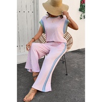 Pink Corded Colorblock Patchwork Short Sleeve Top and Loose Pants Set - M thumbnail