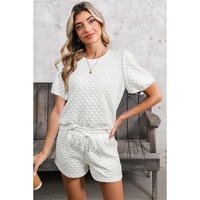 White Solid Color Checkered Texture Short 2pcs Outfit - XL thumbnail