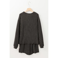 Carbon Grey Bowknot Patched Pattern Corded Long Sleeve Top and Shorts Outfit - 2XL thumbnail