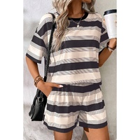 Black Stripe Short Sleeve T Shirt and High Waist Pocketed Shorts Set - M thumbnail