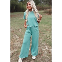 Mint Green Raglan Short Sleeve Tee and Wide Leg Pants Set - L thumbnail