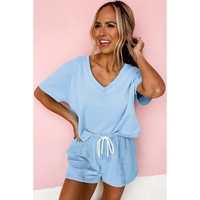 Myosotis V Neck Drop Shoulder Tee and Patchwork Drawstring Shorts Set - S thumbnail