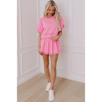 Pink Contrast Bow Trim Pearl Puff Sleeve Blouse and Skort 2pcs Set - XL thumbnail