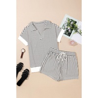 Black Stripe V Neck Tee and Casual Short Set - L thumbnail