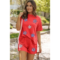 Orange Sequin USA Flag Star Graphic Corded T Shirt and Shorts Set - XL thumbnail