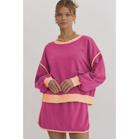 Rose Red Color Contrast Loose Pullover and Lace-up Waist Skort Set - S thumbnail
