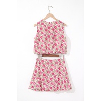 Pink Floral Print Puffy Cropped Tank and Mini Skirt Set - M thumbnail