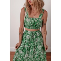 Green Floral Print Shirred Crop Top and High Waist Midi Skirt Set - L thumbnail
