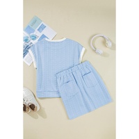 Beau Blue Contrast Trim Textured Crewneck Tee and Pocketed Skirt Set - L thumbnail