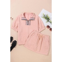 Light Pink Striped Collared Zip up Textured Skirt Set - M thumbnail