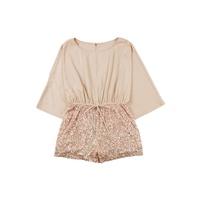 Azura Exchange Khaki Sequin Patchwork Drawstring High Waist Romper - M thumbnail