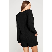 Black Brushed Ribbed Button Split V Neck Long Sleeve Romper - S thumbnail