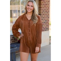 Ribbed Long Sleeve Button Front Romper - L thumbnail