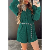 Sea Green Ribbed Long Sleeve Button Front Romper - L thumbnail