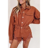 Gold Flame Long Sleeve Snap Buttons Distressed Denim Romper - L thumbnail
