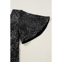 Black Sequin V Neck Flutter Sleeve Wide Leg Jumpsuit - XL thumbnail