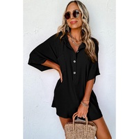 Black Half Button Collared Loose Romper - M thumbnail