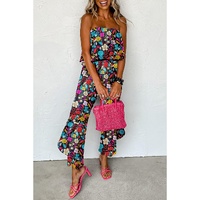 Red Mix Tropical Print Strapless Ruffled Jumpsuit - S thumbnail