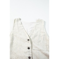 Beige Sleeveless V Neck Buttoned Front Chest Pocket Romper - L thumbnail