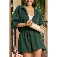 Blackish Green Collared Half Zip French Terry Knit Drawstring Casual Romper - S thumbnail