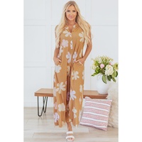 Khaki Floral Print Sleeveless Button up Wide Leg Loose Jumpsuit - L thumbnail