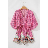 Pink Paisley Geometric Print V Neck High Waist Romper - L thumbnail