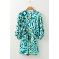 Green Abstract Print Puff Sleeve V Neck High Waist Romper - L thumbnail
