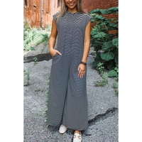 Black white Striped Print Buttoned Wide Leg Sleeveless Jumpsuit - M thumbnail