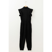 Black Zipper Flutter Sleeve Drawstring High Waist Jumpsuit - S thumbnail