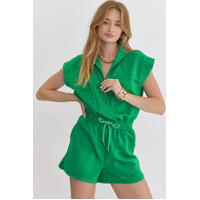 Bright Green Textured Short Sleeve Half Zip Drawstring Waist Romper - XL thumbnail