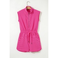 Rose Red Textured Short Sleeve Half Zip Drawstring Waist Romper - M thumbnail