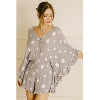Gray Star Print Crinkle Textured Kimono Ruffle Sleeve Romper - S thumbnail