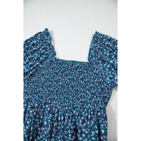 Blue Vintage Boho Floral Smocked Short Puff Sleeve Wide Leg Jumpsuit - L thumbnail