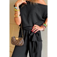 Black Checkered Mesh One Shoulder Short Sleeve Knotted Waist Jumpsuit - S thumbnail