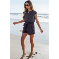 Bristol Black Knit Open Back Cap Sleeve Drawstring Romper - L thumbnail