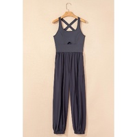 Carbon Grey Back Crossed Straps Hollow Out Jogger Jumpsuit - L thumbnail