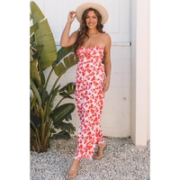 Pink Floral Print Twisted Bandeau Keyhole Pleated Wide Leg Jumpsuit - L thumbnail