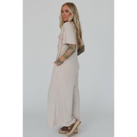 Beige Half Placket Chest Pockets Short Sleeve Wide Leg Jumpsuit - L thumbnail