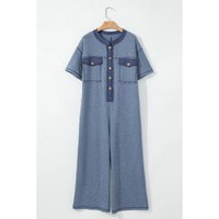 Beau Blue Half Placket Chest Pockets Short Sleeve Wide Leg Jumpsuit - L thumbnail