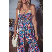 Pink Floral Smocked Bust Spaghetti Straps Wide Leg Jumpsuit - L thumbnail