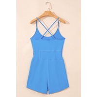 Blue Crossed Spaghetti Straps Drawstring Waist Sporty Romper - XL thumbnail