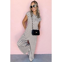 Khaki Checkered Print Buttoned Crew Neck Wide Leg Jumpsuit - L thumbnail