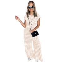 Apricot Checkered Print Buttoned Crew Neck Wide Leg Jumpsuit - L thumbnail
