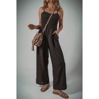 Black Spaghetti Straps Shirred Bodice Pocketed Wide Leg Jumpsuit - S thumbnail