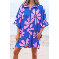 Blue Summer Flower Print Shirt Collar Button Front Loose Romper - S thumbnail