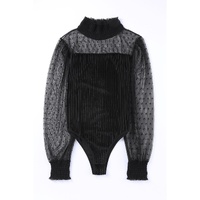 Black Sheer Dotty Long Sleeve Ribbed Velvet Bodysuit - M thumbnail