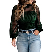 Azura Exchange Green Sheer Dotty Long Sleeve Ribbed Velvet Bodysuit - S thumbnail