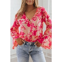 Pink Floral Print Tiered Bell Long Sleeve Buttoned Bodysuit - L thumbnail