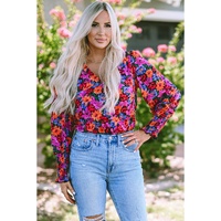 Floral Print Wrap V Neck Long Sleeve Bodysuit - M thumbnail